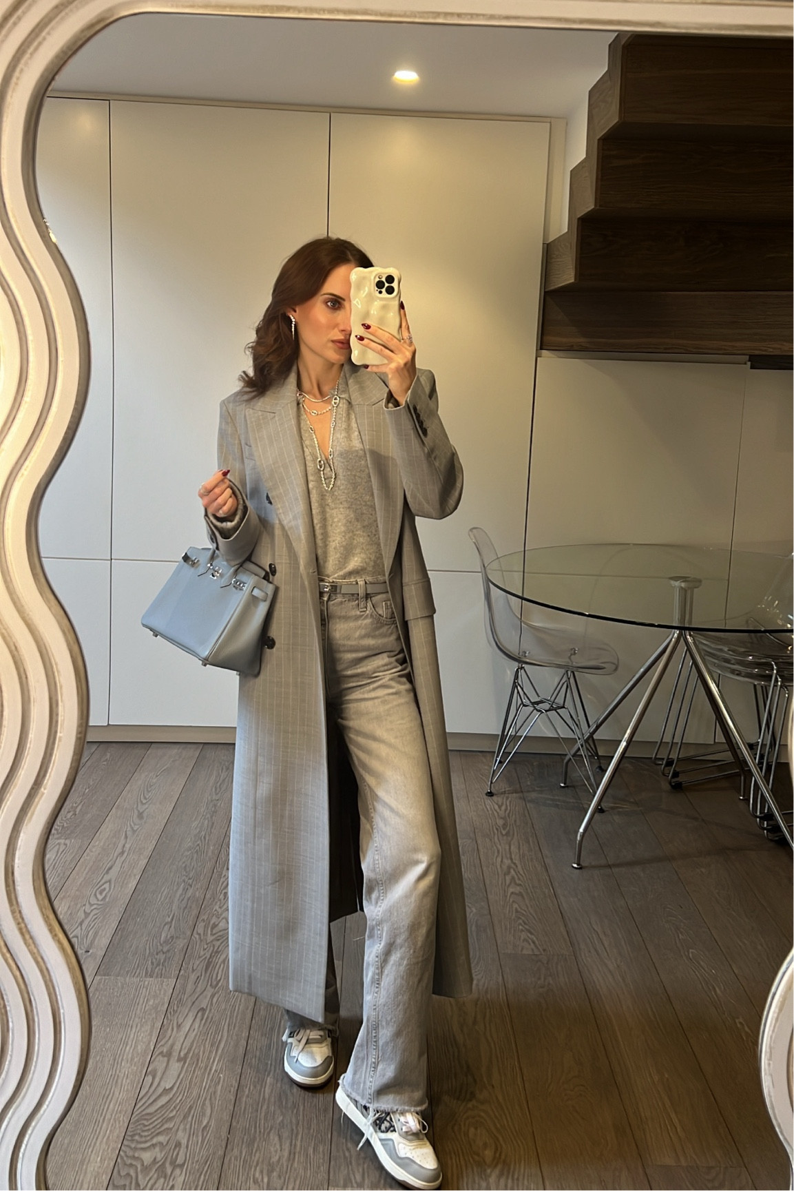 All grey outfit, Arket coat, maxi coat, pinstripe coat, grey jeans, grey trainers, transitional outfit, monochrome outfit, classic outfit 

#LTKSeasonal #LTKeurope #LTKstyletip