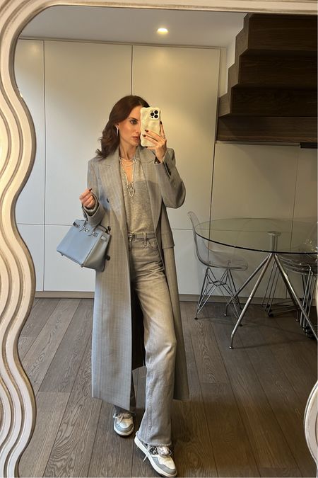 All grey outfit, Arket coat, maxi coat, pinstripe coat, grey jeans, grey trainers, transitional outfit, monochrome outfit, classic outfit 

#LTKSeasonal #LTKeurope #LTKstyletip