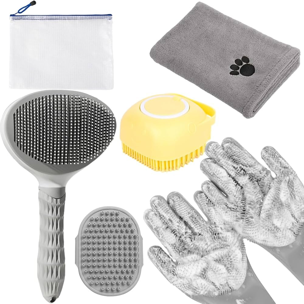 6-in-1 Grey Pet Grooming Kit: Hair Brush, Towel, Washing Gloves, Slicker Brush, and Shampoo Scrub... | Amazon (US)