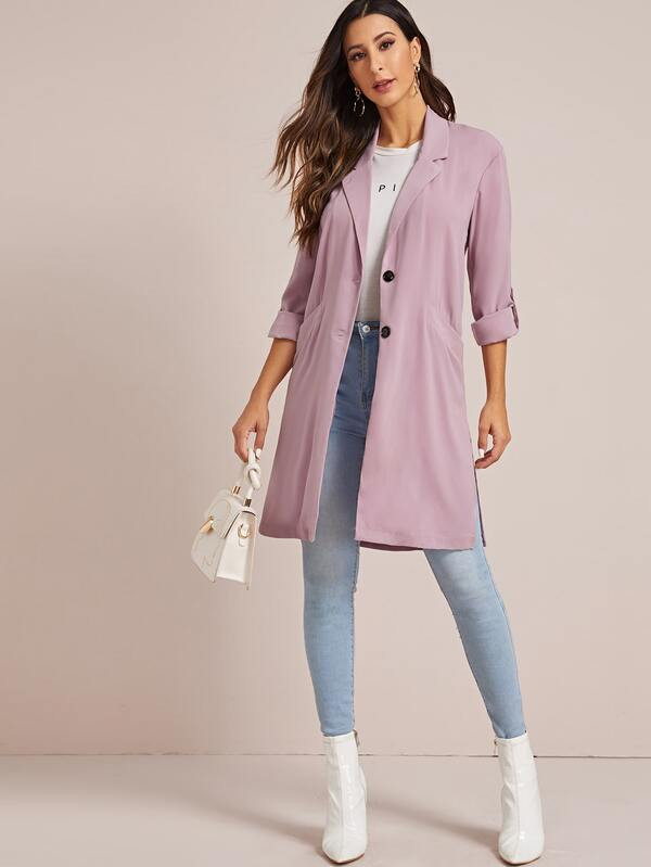 Solid Roll Up Sleeve Lapel Collar Trench Coat | SHEIN