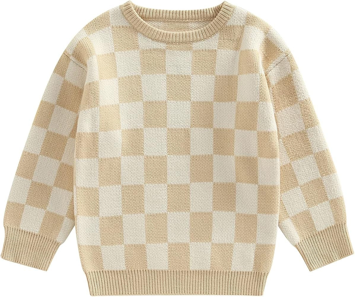 Kuriozud Toddler Baby Boy Girl Sweater Checkerboard Knit Crewneck Sweatshirt Soft Warm Fall Winte... | Amazon (US)