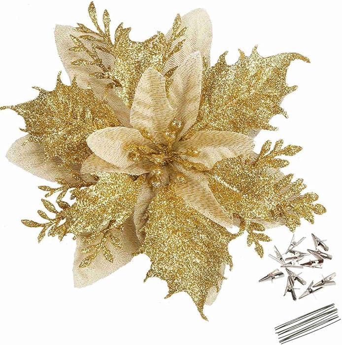GREENTIME 12 Pcs Glitter Poinsettia 5.5" Artificial Flowers Christmas with Clips Stems Xmas Tree ... | Amazon (US)