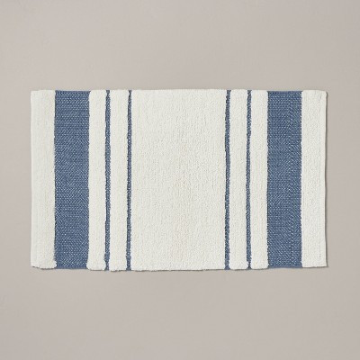 20"x32" Border Stripe Bath Rug Cream/Blue - Hearth & Hand™ with Magnolia: Cotton Woven, Handmade, Lightweight Bath Mat | Target