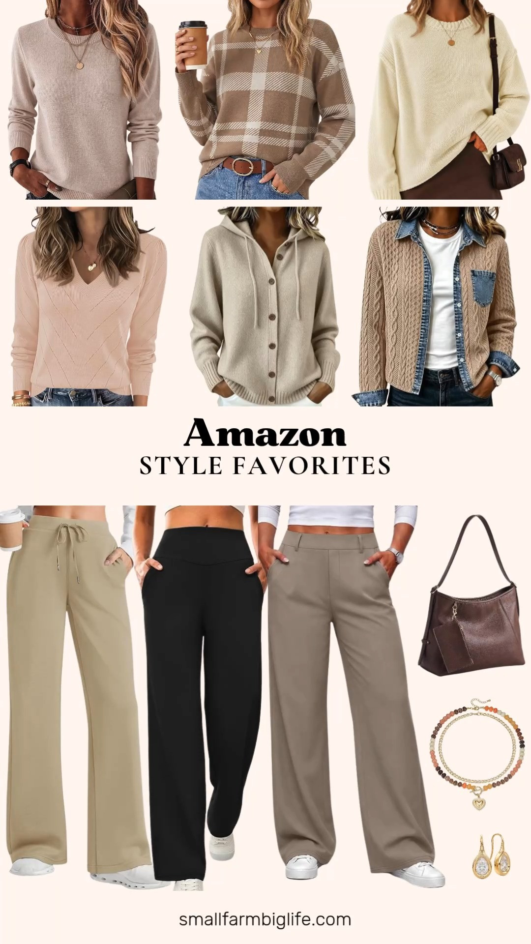 Amazon style favorites this week are all about cozy knits and easy layers for fall.

Starting with sweaters, the tan and beige plaid wool blend color block pullover is a fun statement piece, while the beige wool blend crewneck and cream oversized chunky sweater with a drop shoulder and rolled hem are both easy, everyday basics. For something dressier, the beige v neck sweater with puff sleeves is elegant enough for the office, and the beige knit hooded cardigan with a drawstring front doubles as a cozy sweater coat over anything.

For bottoms, the black wide leg yoga pants are soft and breathable enough for lounging or a workout, and the khaki wide leg sweatpants are the loungewear I keep reaching for on travel days. If you need something for the office, the taupe wide leg palazzo trousers are stretchy, high waisted, and work ready.

The tan cropped denim collared shacket with cable knit sleeves is a great layering piece for teachers or anyone who wants a patchwork, on trend look this fall.

Rounding out the edit: a coffee brown hobo crossbody bag with multiple pockets, a chunky layered beaded necklace with a gold heart charm, and minimalist gold and silver teardrop earrings with cubic zirconia detail for an easy finishing touch.

#falloutfits #fallfashion #cozysweaters #amazonfashion #amazonfinds #founditonamazon #amazonmusthaves 

 #LTKgrwm #LTKootd #LTKOver40