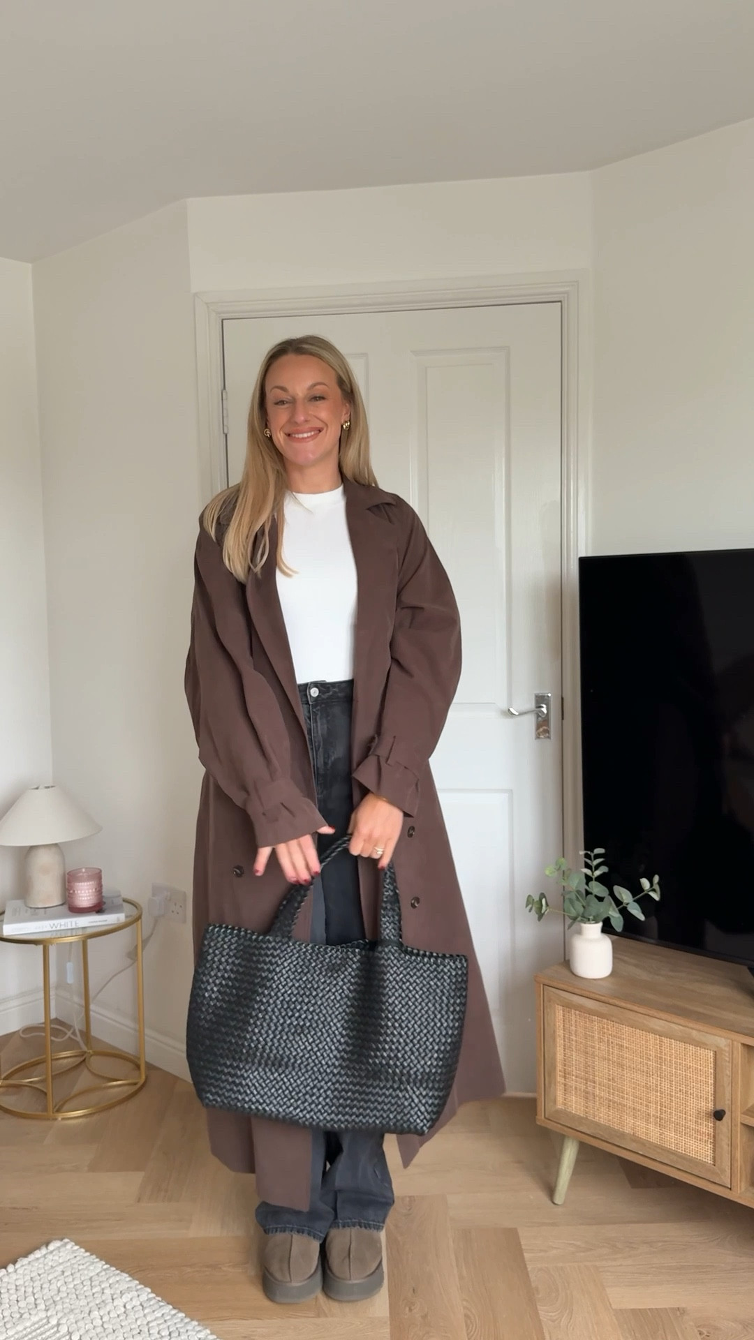 Brown trenchcoat , black washed wide leg jeans ( I’m wearing tall) white long sleeved ribbed top, brown Ugg Tazz , black leather woven handbag easy every day autumn outfit idea 


#LTKautumn #LTKuk #LTKeurope