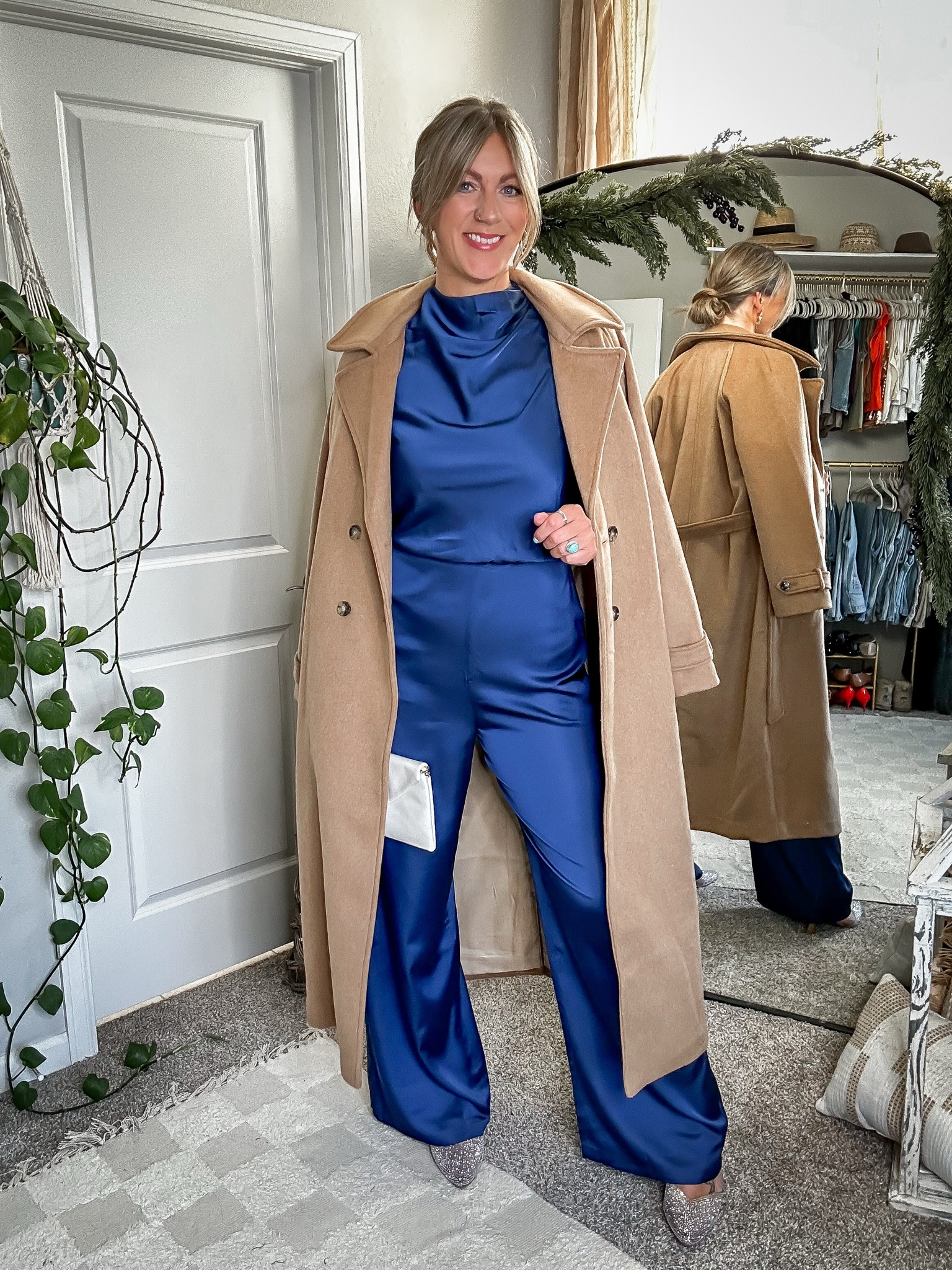 Holiday party jumpsuit and top coat.
Medium tall in jumpsuit and lath tall in coat 

#LTKMidsize #LTKParties #LTKHoliday