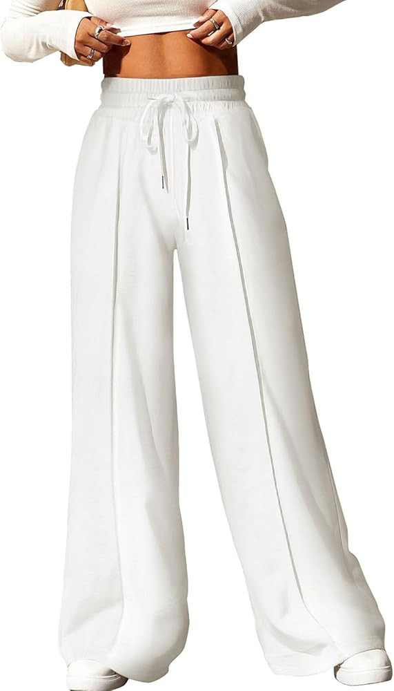 Aleumdr Women's High Waisted Drawstring Waist Wide Leg Sweatpants with Pockets Casual Loose Yoga ... | Amazon (US)