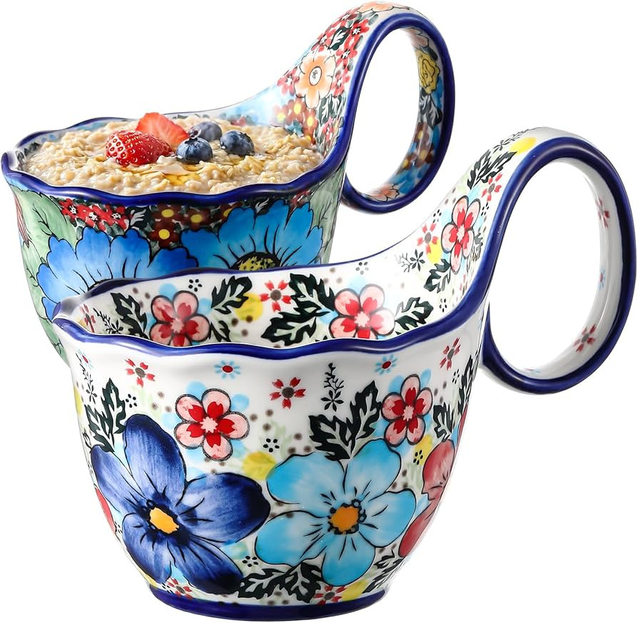 LemonRoad 2 Pack 15 oz Soup Bowls with Handle Ceramic Handpainted Polish Pottery Decorative Micro... | Amazon (US)