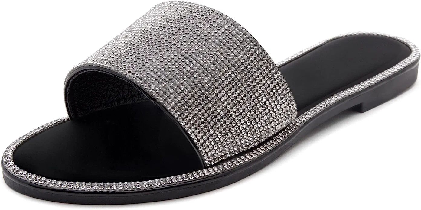 Herstyle Showstopper Women’s Rhinestone Open Toe Flat Sandals Glitter Slides Slip on Shoes | Amazon (US)