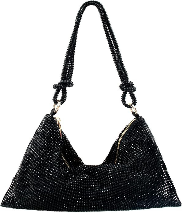 Rhinestone Purse Silver Hobo Purse Sparkly Black Evening Bag for Women Prom Party Wedding | Amazon (US)