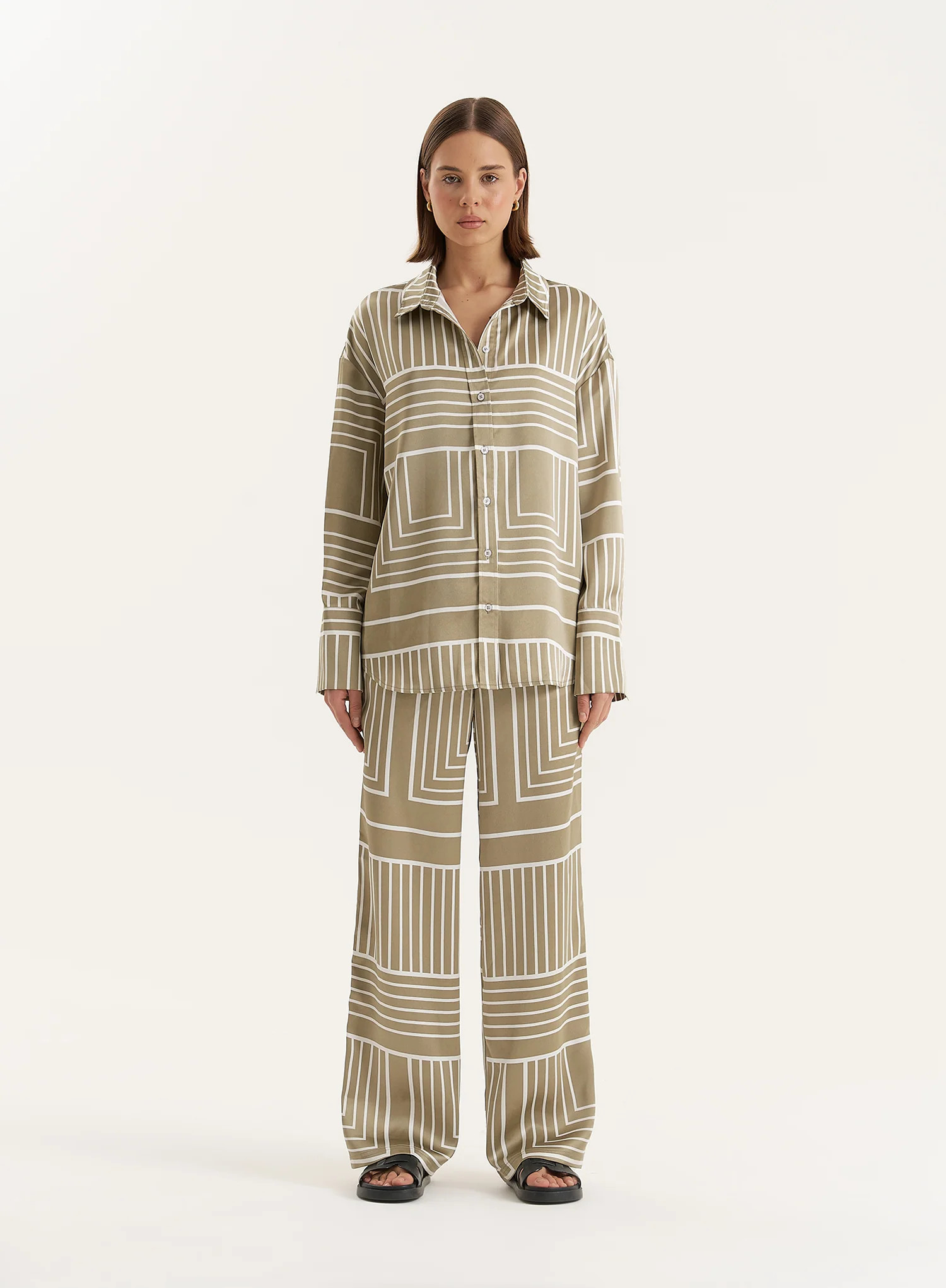 Sage Green Satin Graphic Print Shirt- Amira | 4th & Reckless