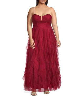 Plus Size Glitter Mesh Pleated Notch Front Ruffled Long Dress | Dillard's