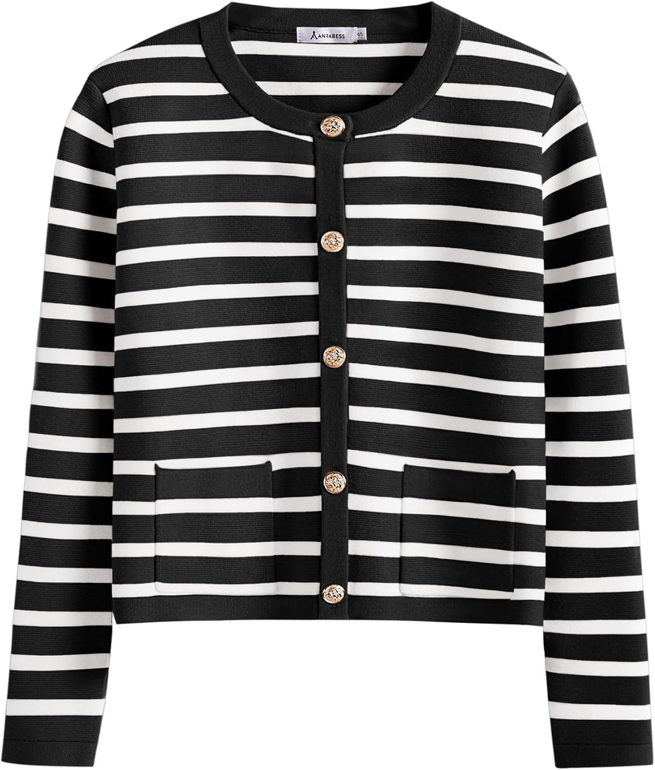 ANRABESS Women's Striped Cropped Cardigan Sweaters Trend Open Front Long Sleeve Button Dressy Cashmere Knit Short Tweed Jackets Winter Clothes Outwear 1349heibaitiao-M | Amazon (US)