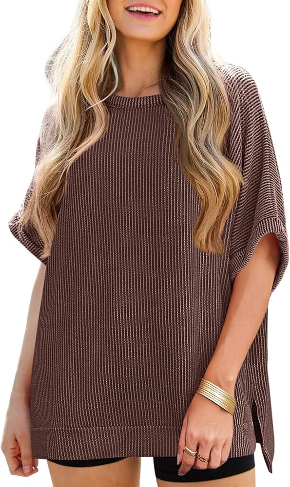 Tankaneo Womens Oversized T Shirts Summer Casual Ribbed Batwing Short Sleeve Tunic Tops Loose Fit... | Amazon (US)