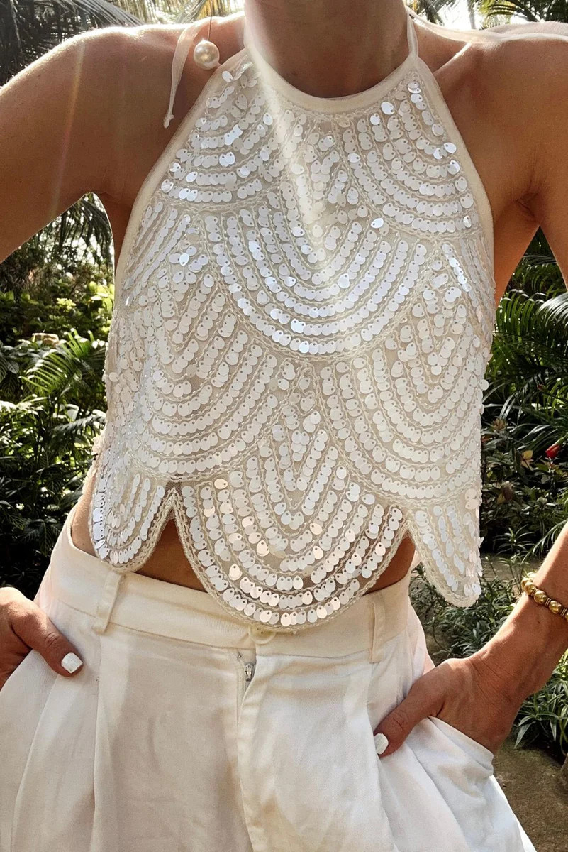 Cleo White Sequin Halter Tie Top | 12th Tribe