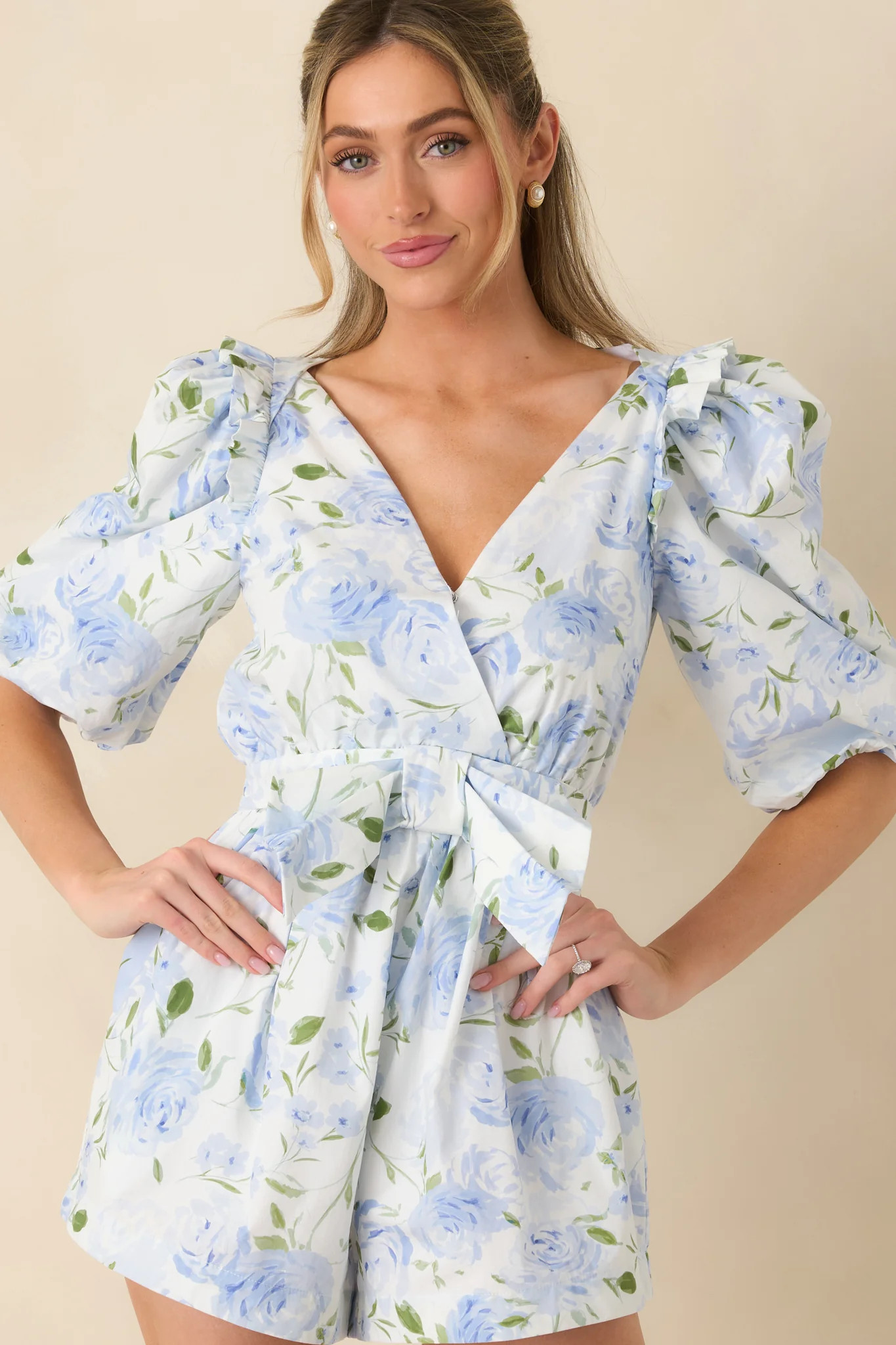 Prosperina Atalanta Light Blue Floral Print Cotton Puff Sleeve Romper | Red Dress