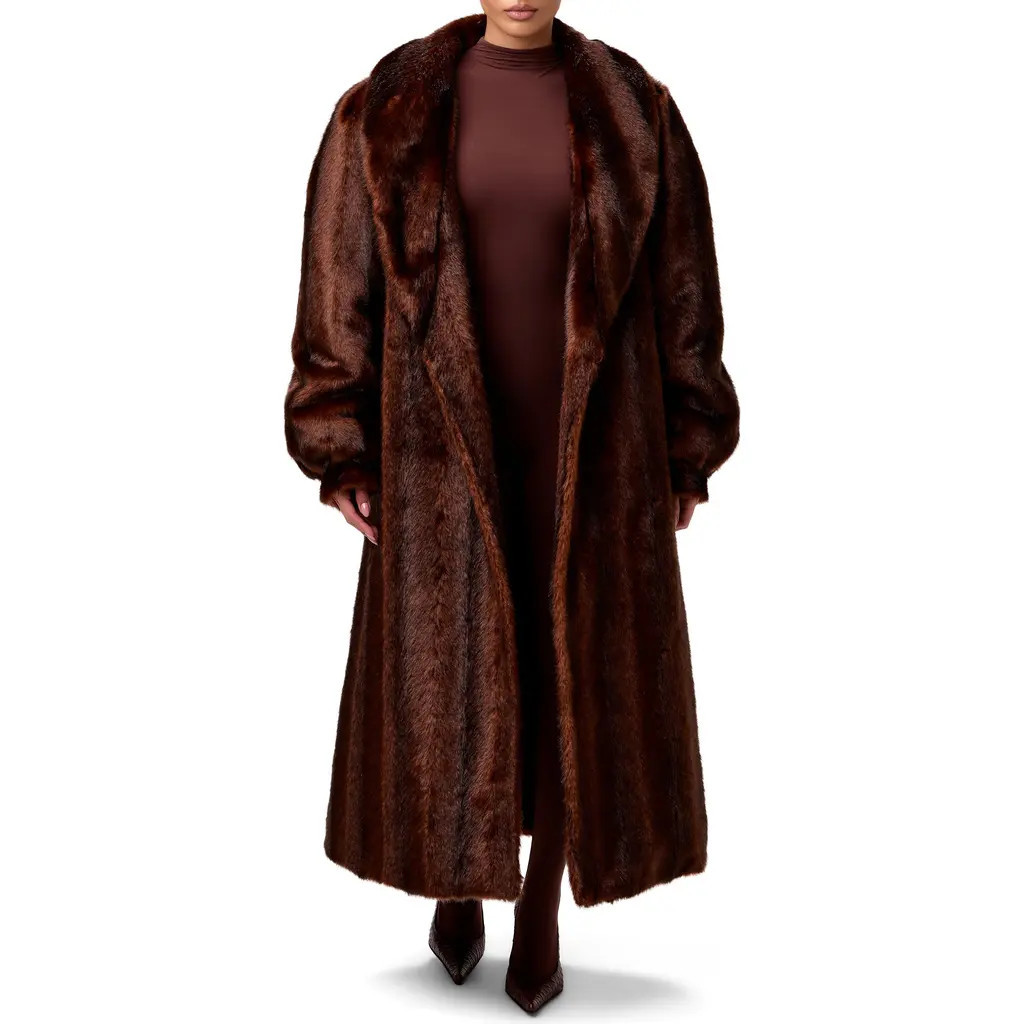 Naked Wardrobe Longline Faux Fur Coat in Chocolate at Nordstrom, Size X-Small | Nordstrom