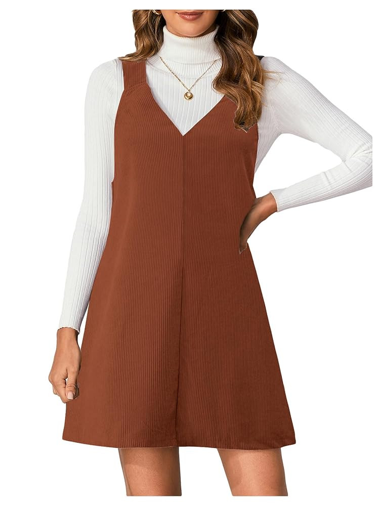 Milumia Women V Neck Corduroy Pinafore Overall Mini Dress Jumper Dress | Amazon (US)