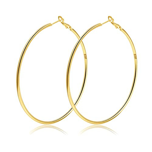 14K Gold Plated Big Hoop Earrings for Women - Hypoallergenic Sterling Silver, 2mm Thin Circle, Extra Large Oversize | Amazon (US)