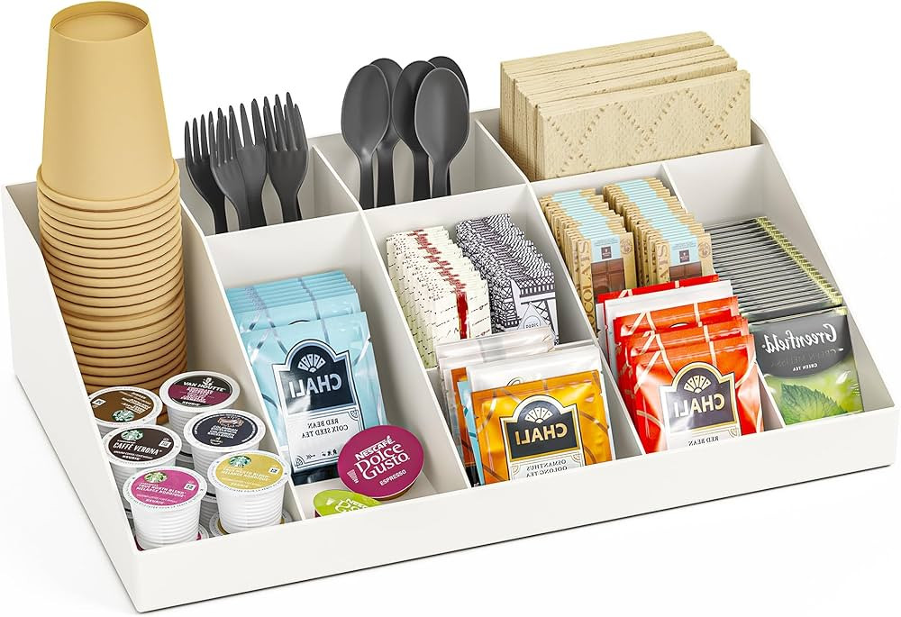 SZQINJI Coffee Condiment Organizer Station 10-Compartment Break Room Coffee Station Caddy Cup Sto... | Amazon (US)