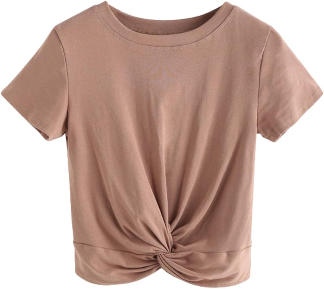 Women's Summer Crop Top Solid Short Sleeve Twist Front Tee T-Shirt | Amazon (US)