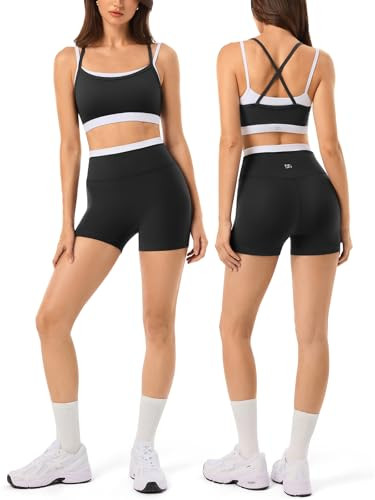 Amazon.com: 2 Pieces Workout Sets for Women,Seamless Athletic Shorts with Double Layer Sports Bra... | Amazon (US)
