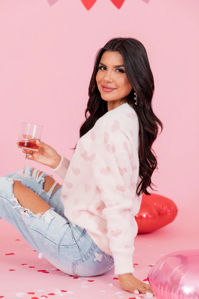 Love Struck Blush Fuzzy Heart Sweater | Pink Lily