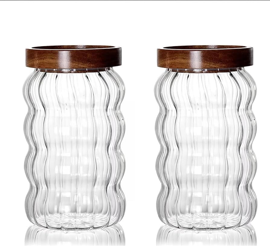 Set of 2 Ribbed Glass Jars with Airtight Wood Lids - Versatile Food Containers - Kitchen and Pant... | Amazon (US)