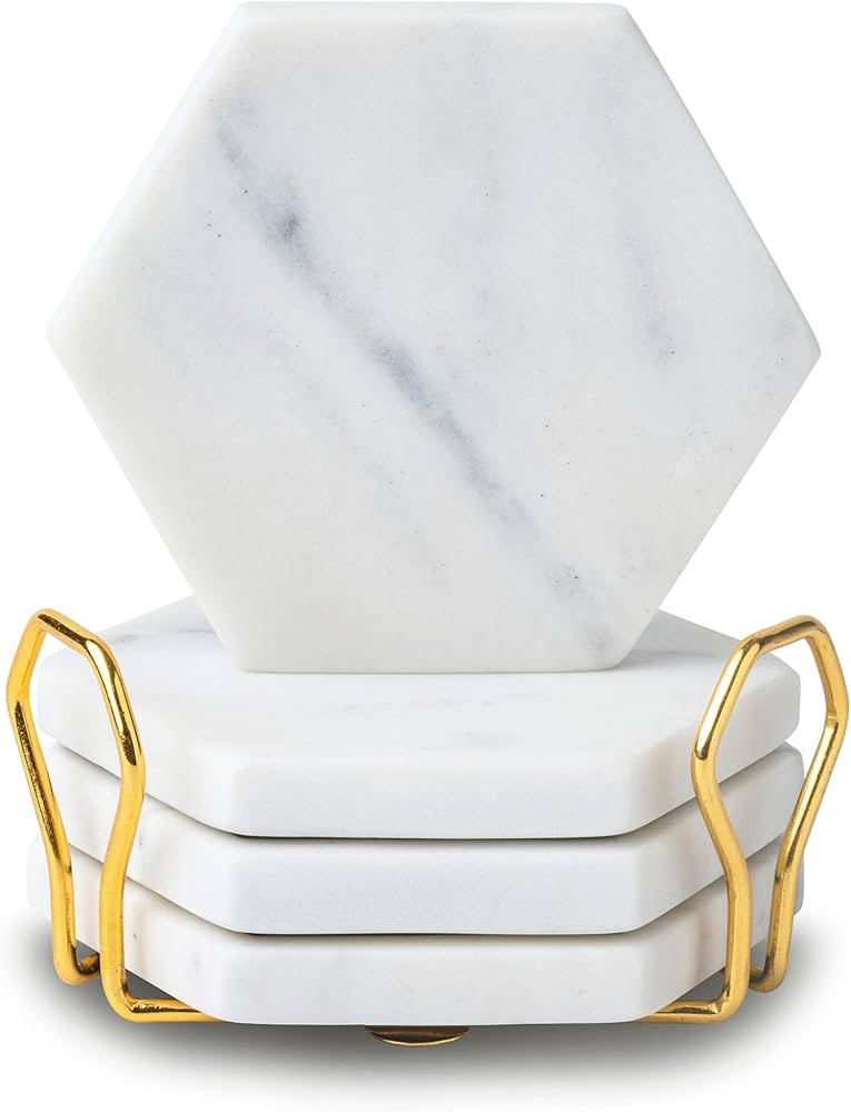 Cork & Mill Marble Coasters Set of 4 - Real Natural Stone Coasters - Neutral White Hexagon Coaste... | Amazon (US)