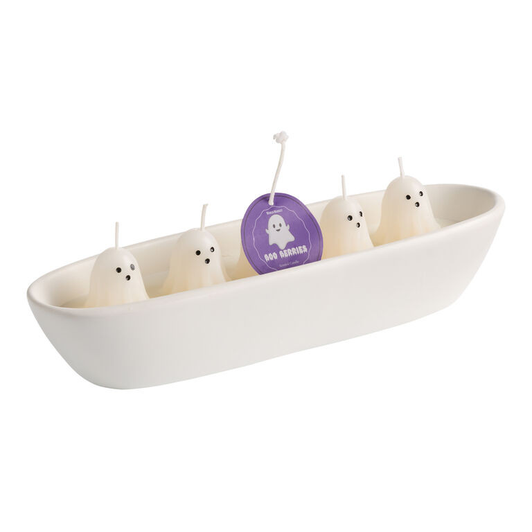 Long Ivory Ceramic Ghost Boo Berries 5 Wick Scented Candle | World Market