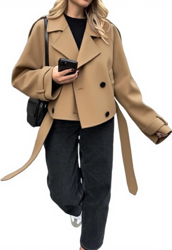 utcoco Womens Cropped Wool Coats Belted Double Breasted Pea Coat Short Jacket Notched Lapel Trenc... | Amazon (US)