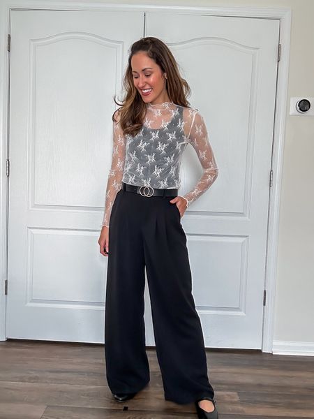 Workwear outfit with sheer lace top layered over black tank top + black trousers 

White lacy top // gold and black belt // pleated pants // spring outfit // spring to summer transition outfit 

#LTKworkwear #LTKstyletip #LTKSeasonal