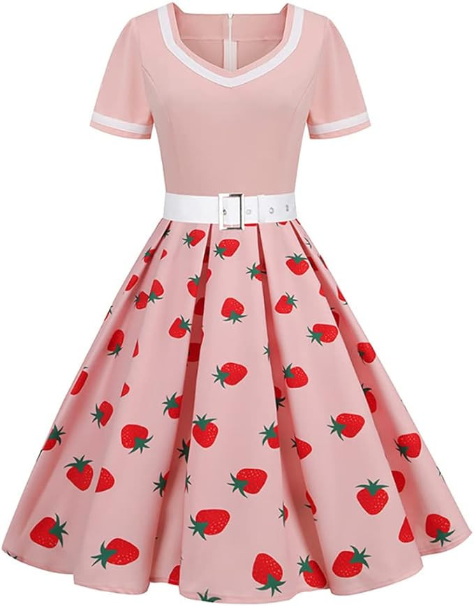 Women Short Sleeve 1950s Retro Vintage Cocktail Party Swing Dress Polka Dot Audrey Dress Casual A... | Amazon (US)