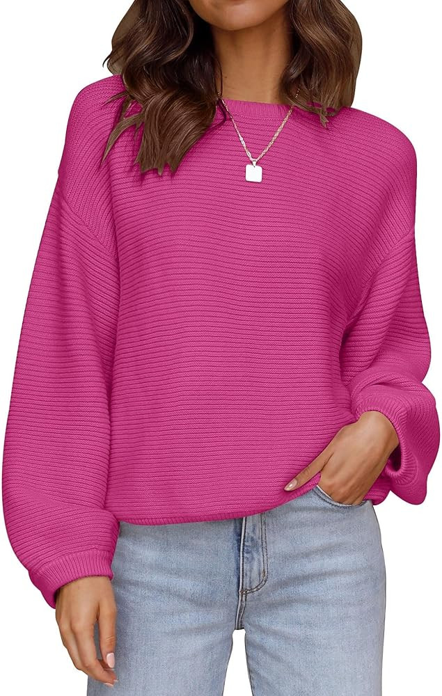 ZESICA Women's 2024 Crew Neck Long Lantern Sleeve Casual Loose Ribbed Knit Solid Soft Pullover Sw... | Amazon (US)