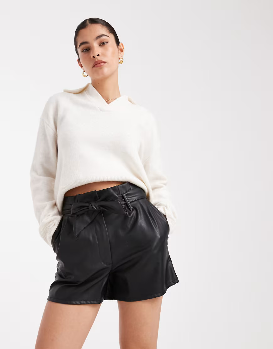 Miss Selfridge faux leather belted short in black | ASOS (Global)