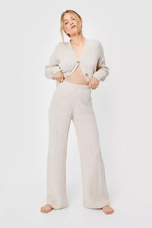 Cable Knit Cardigan and Wide-Leg Pants Lounge Set | Nasty Gal (US)