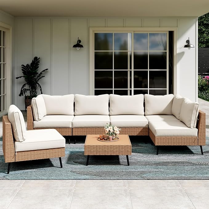 Outdoor Patio Furniture, 7 Piece Outdoor Sectional Sofa PE Rattan Wicker Patio Conversation Sets,... | Amazon (US)