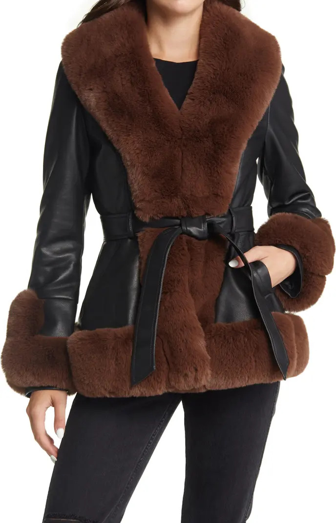 Faux Leather & Faux Fur Belted Coat | Nordstrom