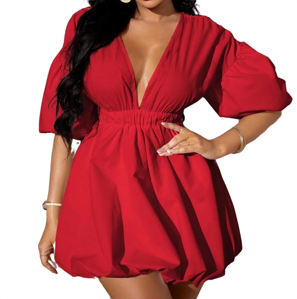 Womens Fit and Flare Dress Plain Tie Back Deep V Neck Red S | Walmart (US)