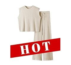 2 Piece Outfits Sweater Sets Knit Sleeveless Pullover Top High Waisted Pants Tracksuits for Women | Amazon (US)