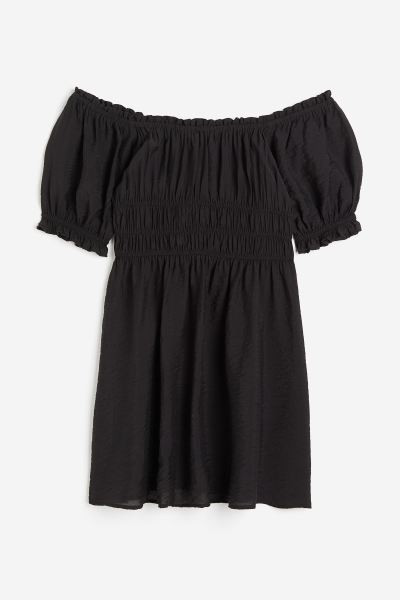 Off-the-shoulder Dress - Short sleeve - Short - Black/patterned - Ladies | H&M US | H&M (US + CA)