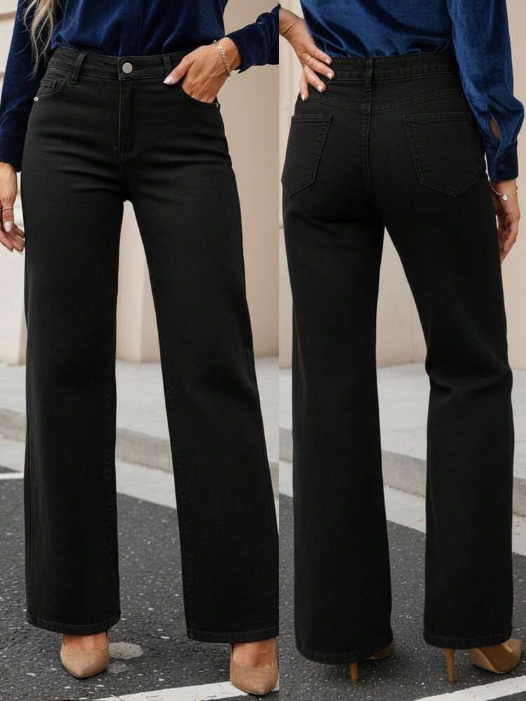 2025 New Women's High-Waisted Straight-Leg Jeans - Vintage Washed Dark Blue Denim, Slim Fit With ... | SHEIN