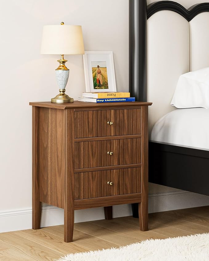 Night Stand, Fluted Nightstand Bedside Tall Farmhouse Nightstand with 3 Drawers, Mid Century Mode... | Amazon (US)