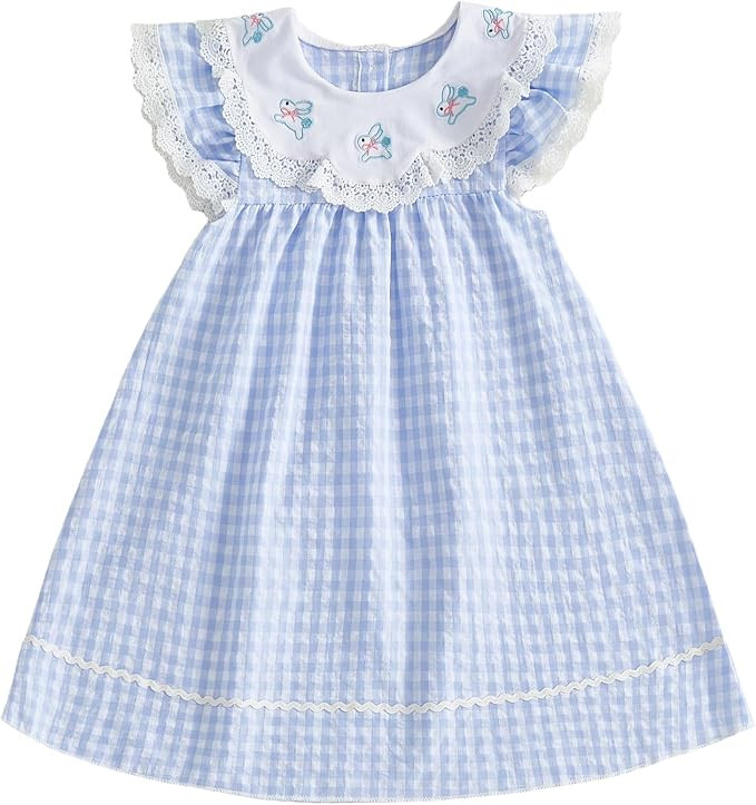 Toddler Baby Girl Easter Outfit Bunny Embroidery Gingham Lace Flutter Sleeve Peter Pan Collar Dre... | Amazon (US)