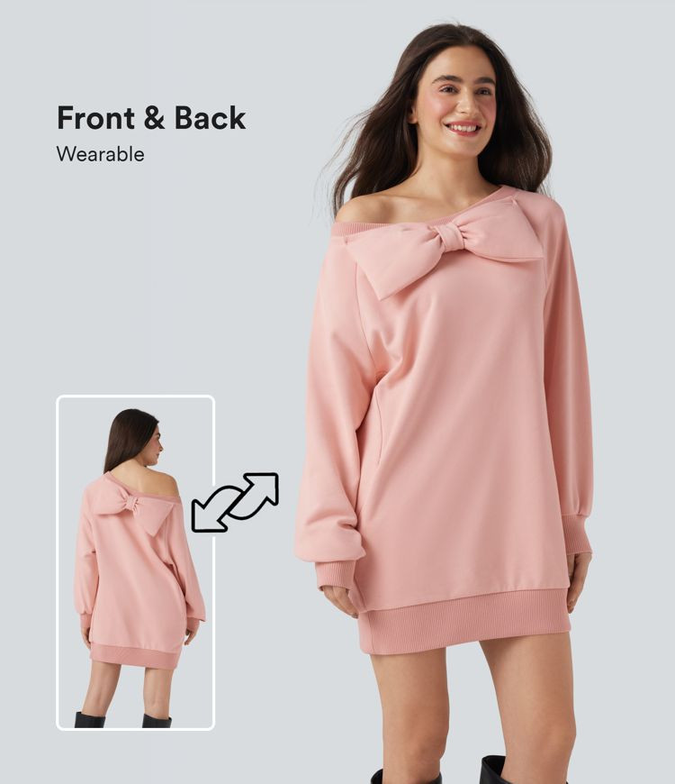 Bow Boat Neck Long Sleeve Casual Cotton Sweatshirt with Pockets | HALARA