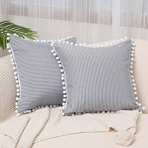 Kiuree Farmhouse Ticking Stripe Pillow Covers with Pom Poms Set of 2 Navy and White Outdoor Dec... | Amazon (US)