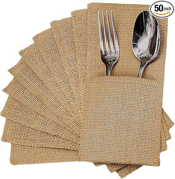 FQTANJU 50 Pcs Burlap Utensils Holders, 4"x8.8" Natural Jute Cutlery Pouch Silverware Holder Kniv... | Amazon (US)