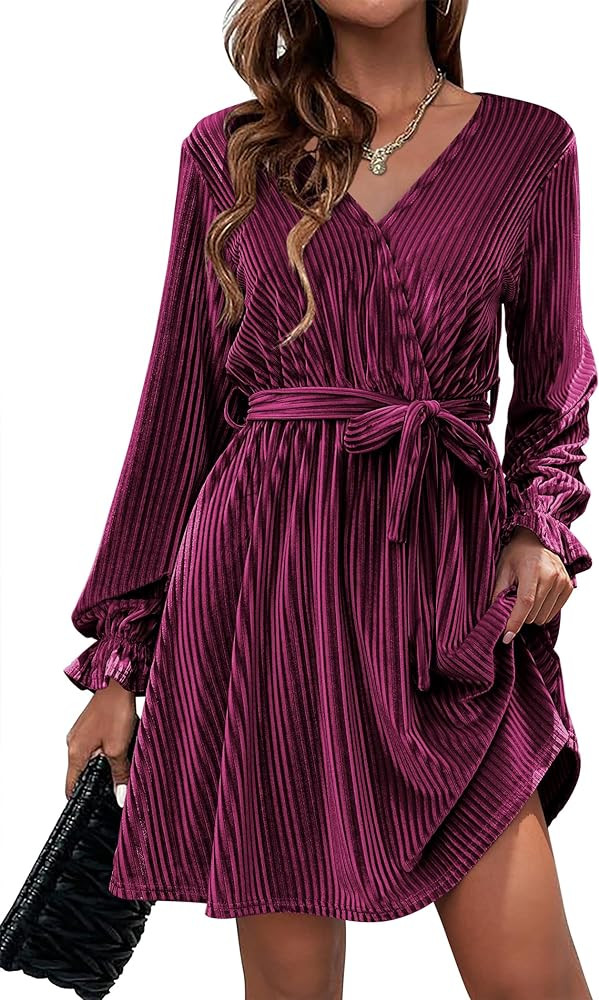HOTOUCH Women's Velvet Dress Wrap V Neck Flared Dress Long Lantern Sleeve Dresses with Belt Cockt... | Amazon (US)