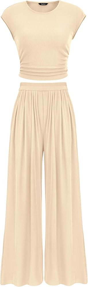 PRETTYGARDEN Women's Summer 2 Piece Outfits 2026 Cap Sleeve Ruched Slim T Shirt Ribbed Knit Wide ... | Amazon (US)