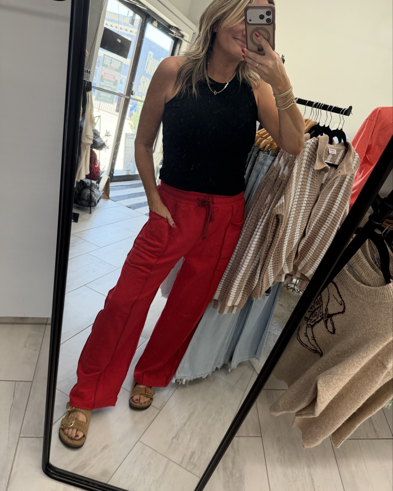 These pants deserve their own moment— barrel, great dupe for FP, tons of colors (I love this red for games — they had every sports team color you would want)— wearing medium.

The basic tank I own probably 20 of from Target and wear regularly. I get a large. 

Tans my favorite summer slides — Berk dupes and so comfy. Cloud foam and fit great the first time you put them on 

#LTKmomlife #LTKootd